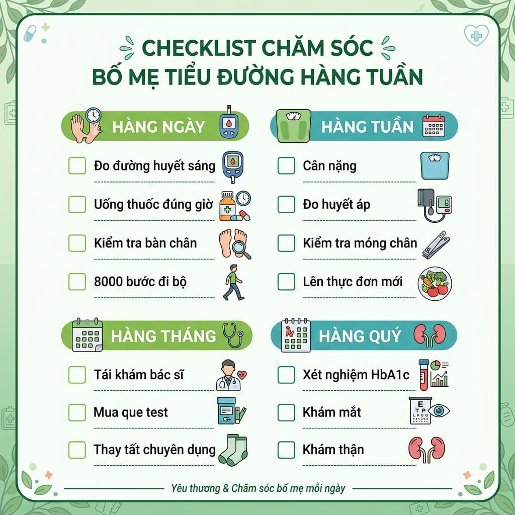 Checklist Chăm Sóc Bố Mẹ Tiểu Đường Hàng Tuần (In Được)