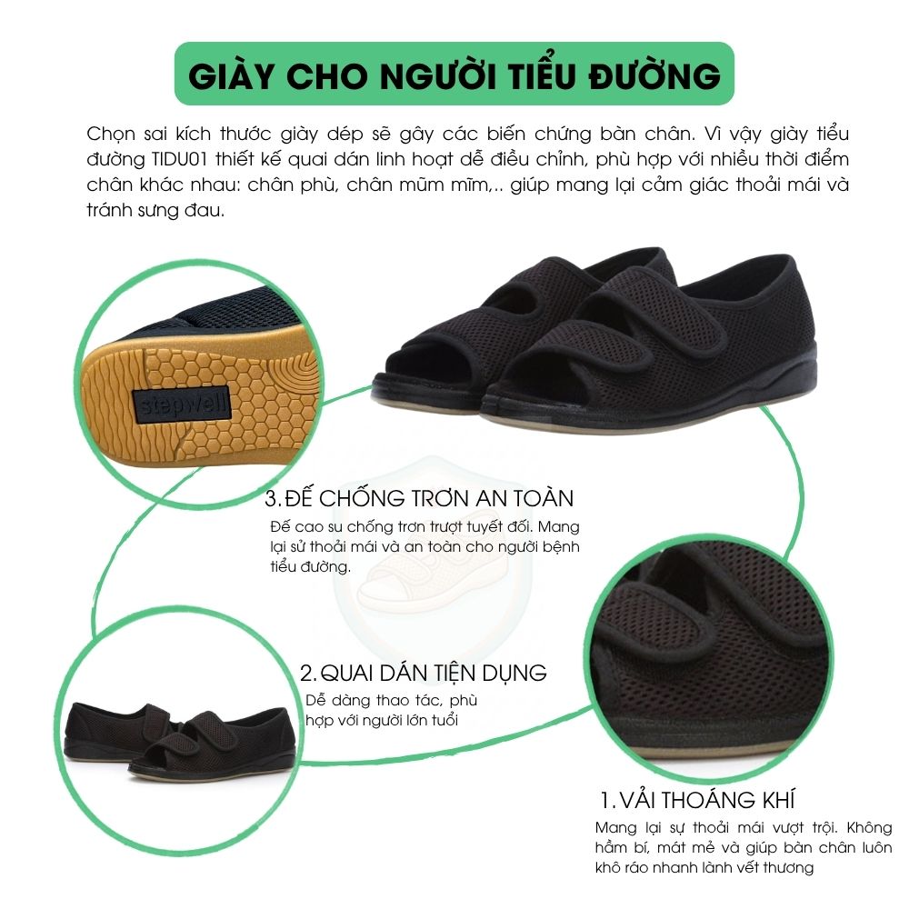 Cấu tạo vượt trội của gi&agrave;y y khoa chăm s&oacute;c b&agrave;n ch&acirc;n tiểu đường TIDU01 &mdash; vải tho&aacute;ng kh&iacute;, quai d&aacute;n, đế chống trơn