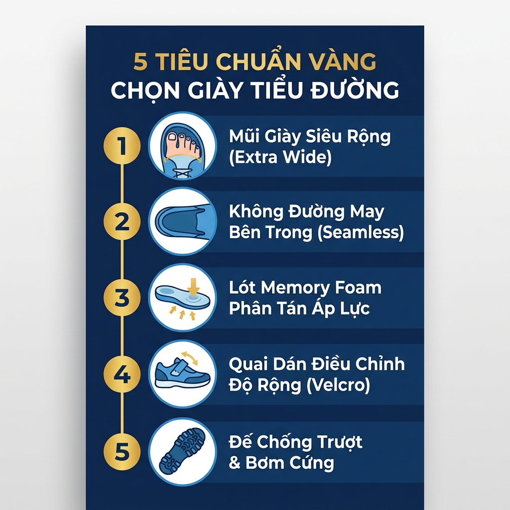 5 tiêu chuẩn vàng chọn giày tiểu đường chuẩn y khoa Bộ Y Tế