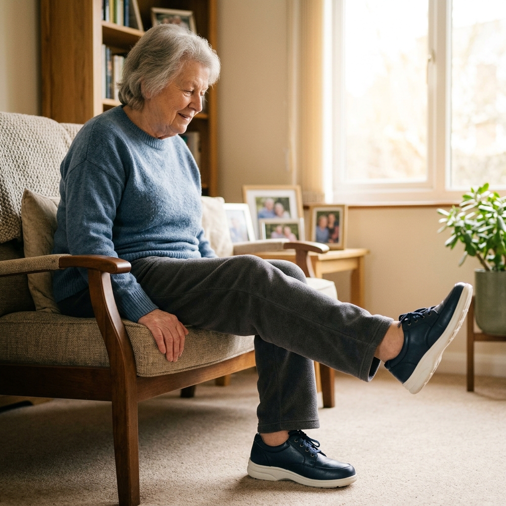 Cụ già ngồi ghế tập các bài tập cho người tiểu đường tại nhà nhẹ nhàng không phản chấn cổ chân