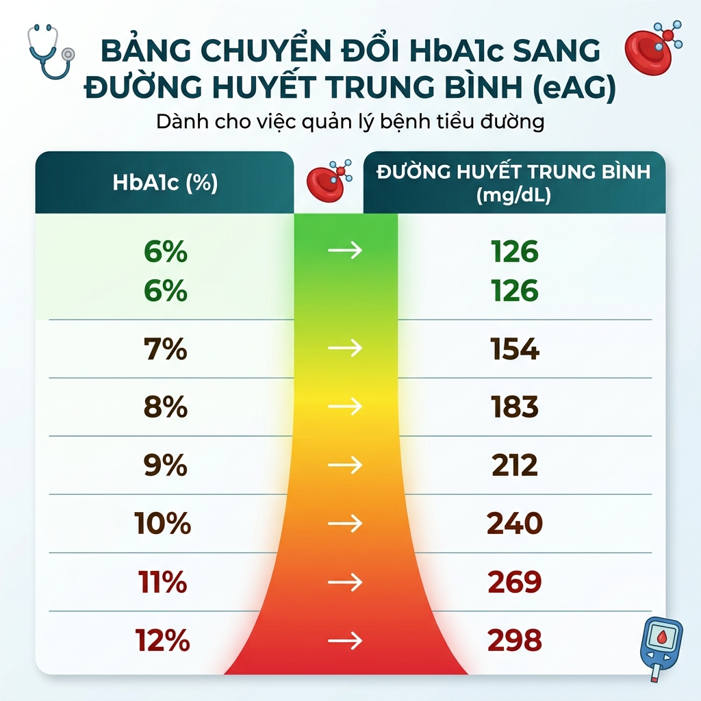 Bảng chuyển đổi HbA1c sang đường huyết trung b&igrave;nh eAG để tự theo d&otilde;i tại nh&agrave;