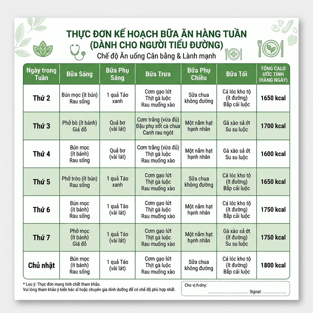 chế độ ăn bệnh nh&acirc;n tiểu đường bảng thực đơn mẫu