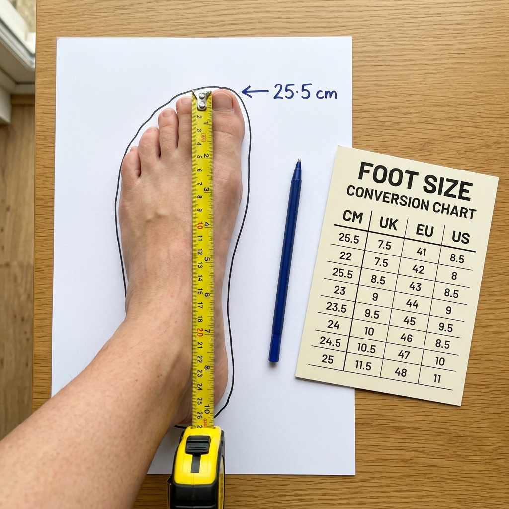 đo chiều d&agrave;i b&agrave;n ch&acirc;n bằng thước v&agrave; tra bảng quy đổi size gi&agrave;y