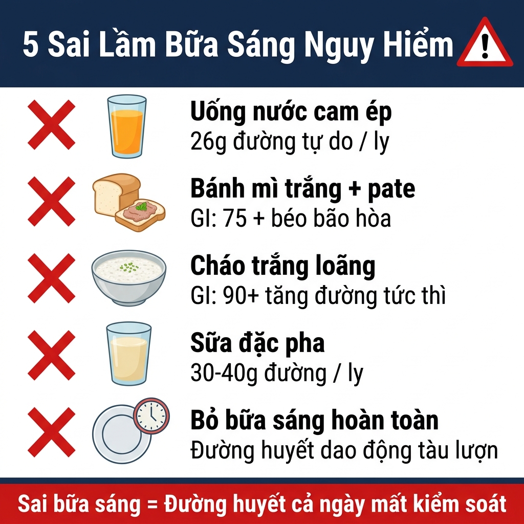 Infographic 5 sai lầm bữa sáng nguy hiểm cho người tiểu đường