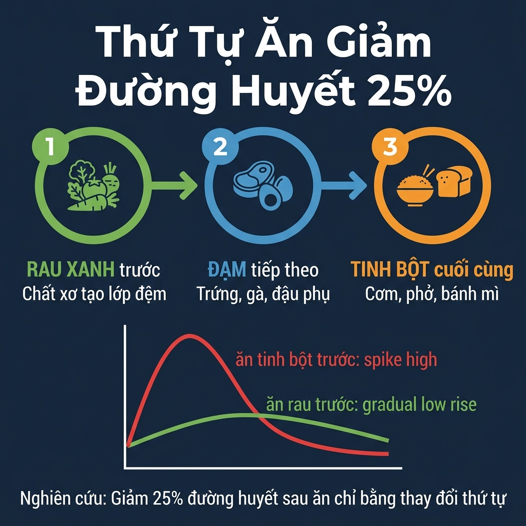 Thứ tự ăn giảm đường huyết 25%: Rau xanh trước, Đạm tiếp theo, Tinh bột cuối cùng