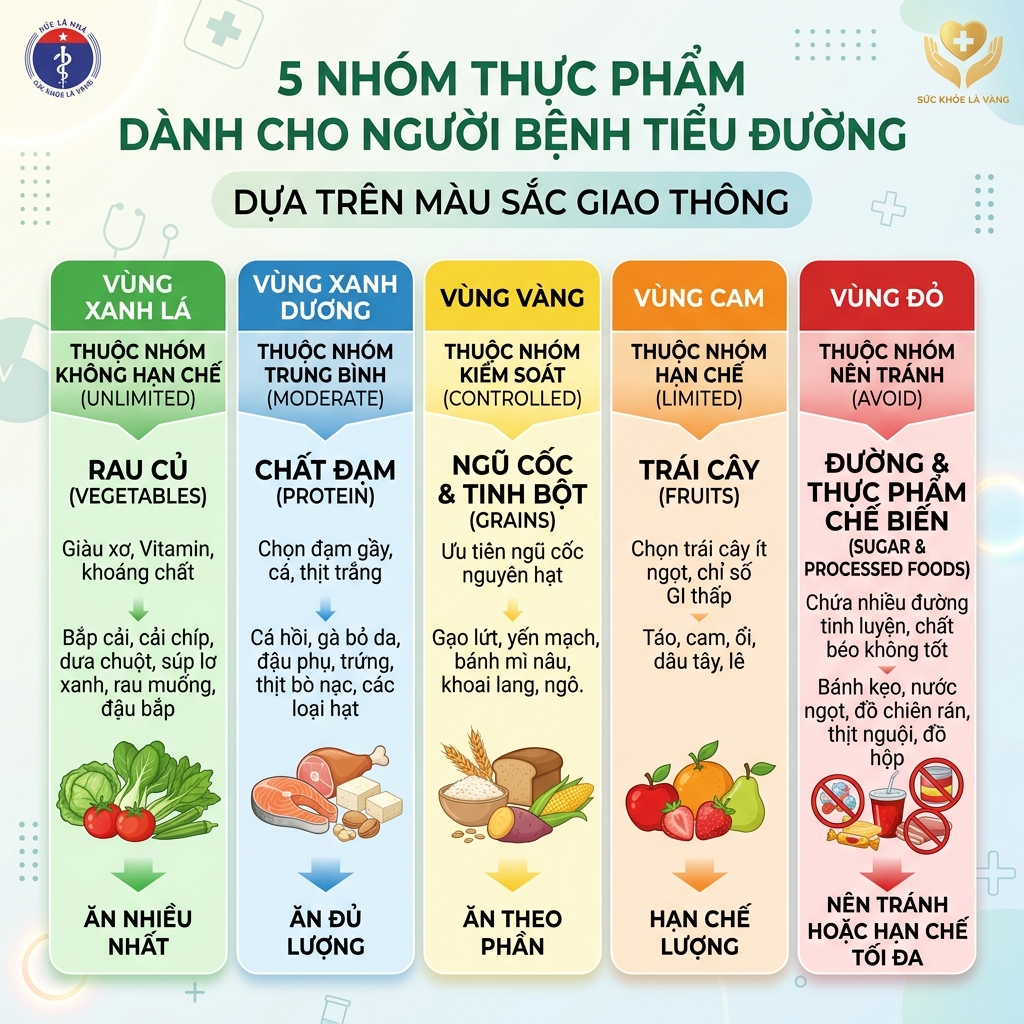 đi chợ cho người tiểu đường 5 nh&oacute;m thực phẩm xanh v&agrave;ng đỏ