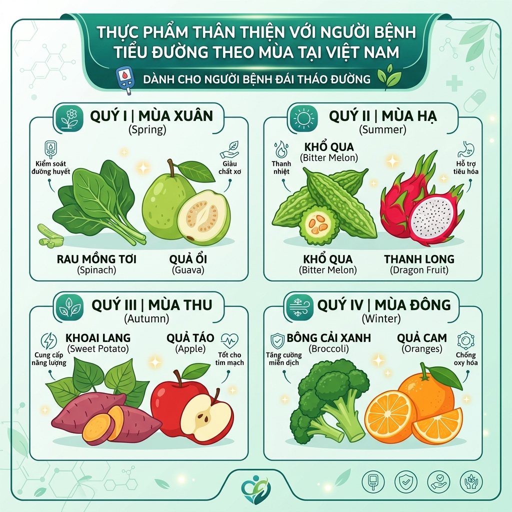 đi chợ cho người tiểu đường thực phẩm theo m&ugrave;a Việt Nam qu&yacute; I II III IV