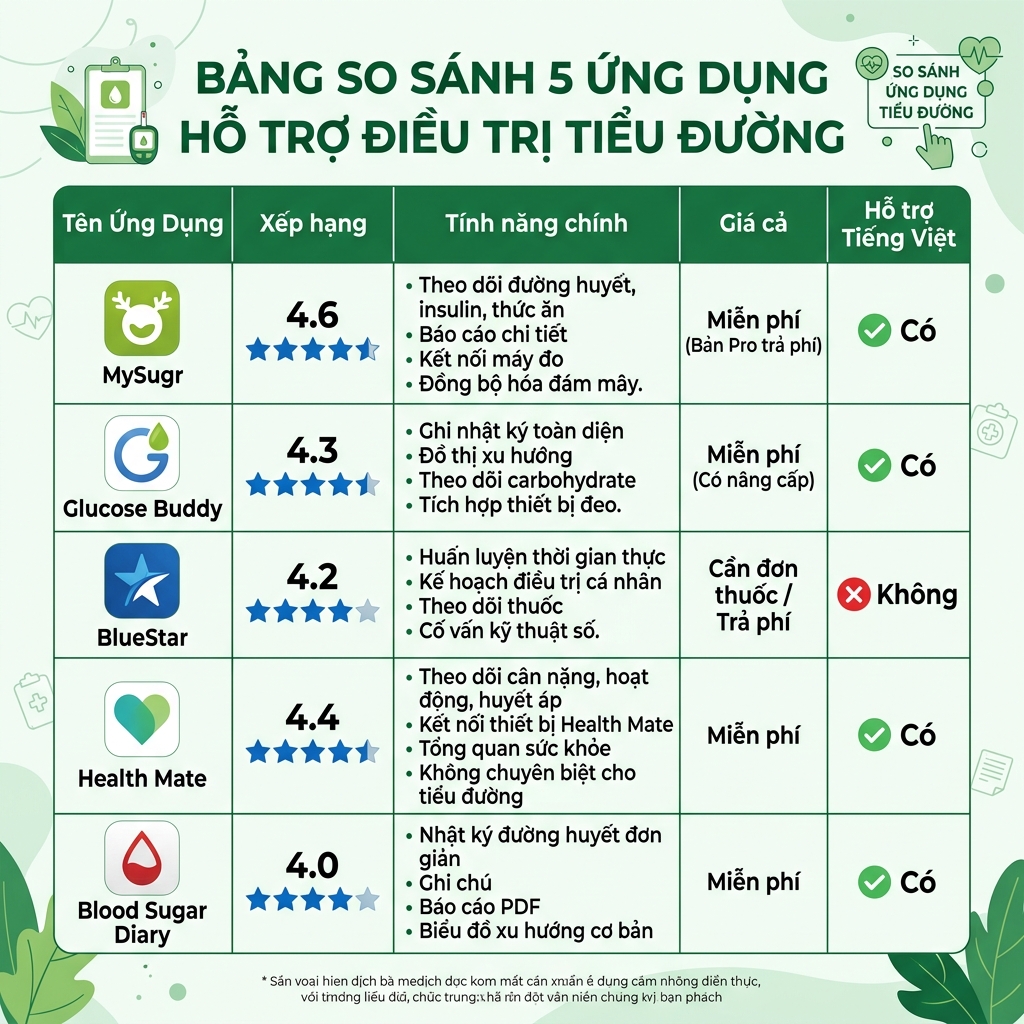app theo d&otilde;i đường huyết bảng so s&aacute;nh 5 ứng dụng tốt nhất