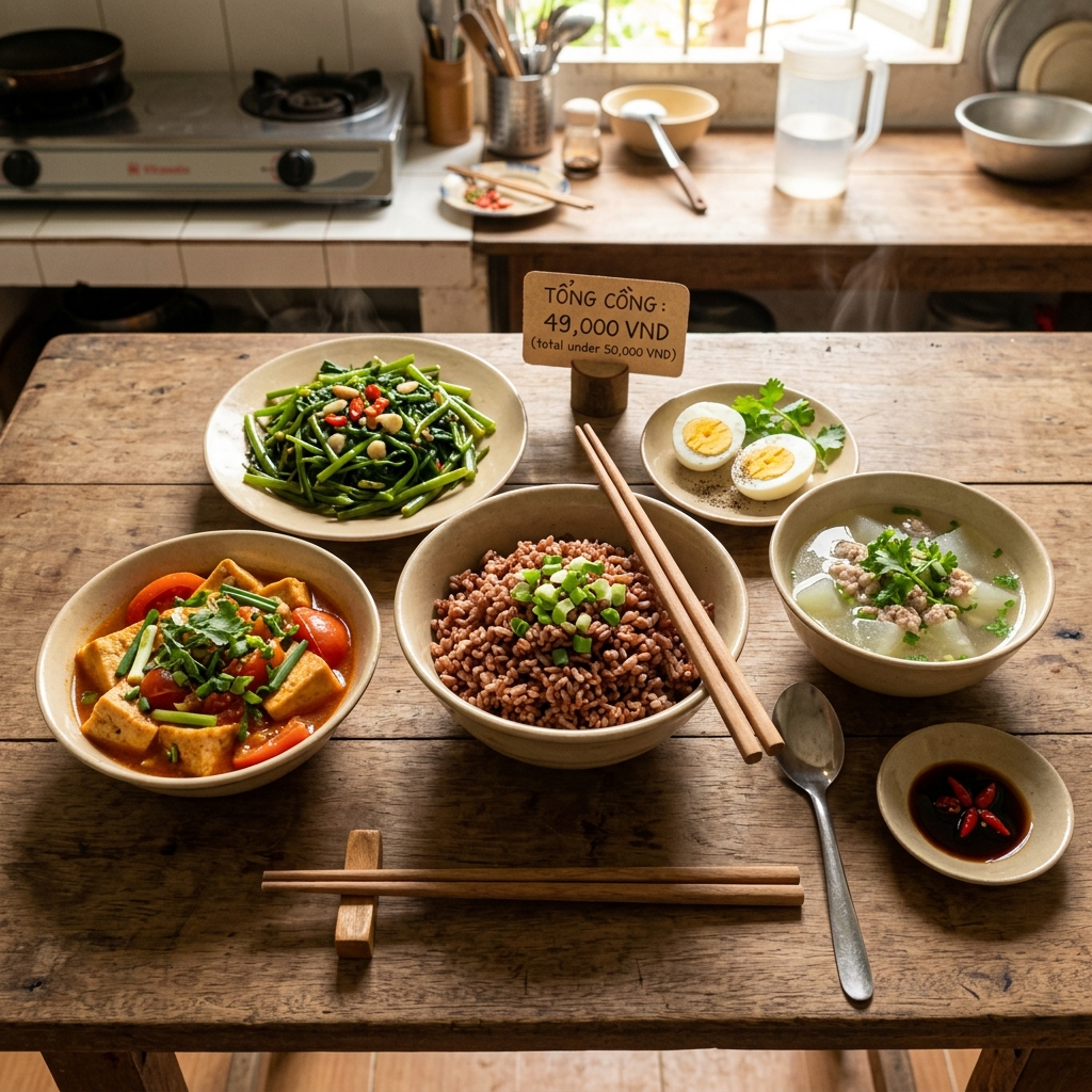 thực đơn tiểu đường dưới 50K bữa ăn gạo lứt đậu phụ rau canh b&iacute;