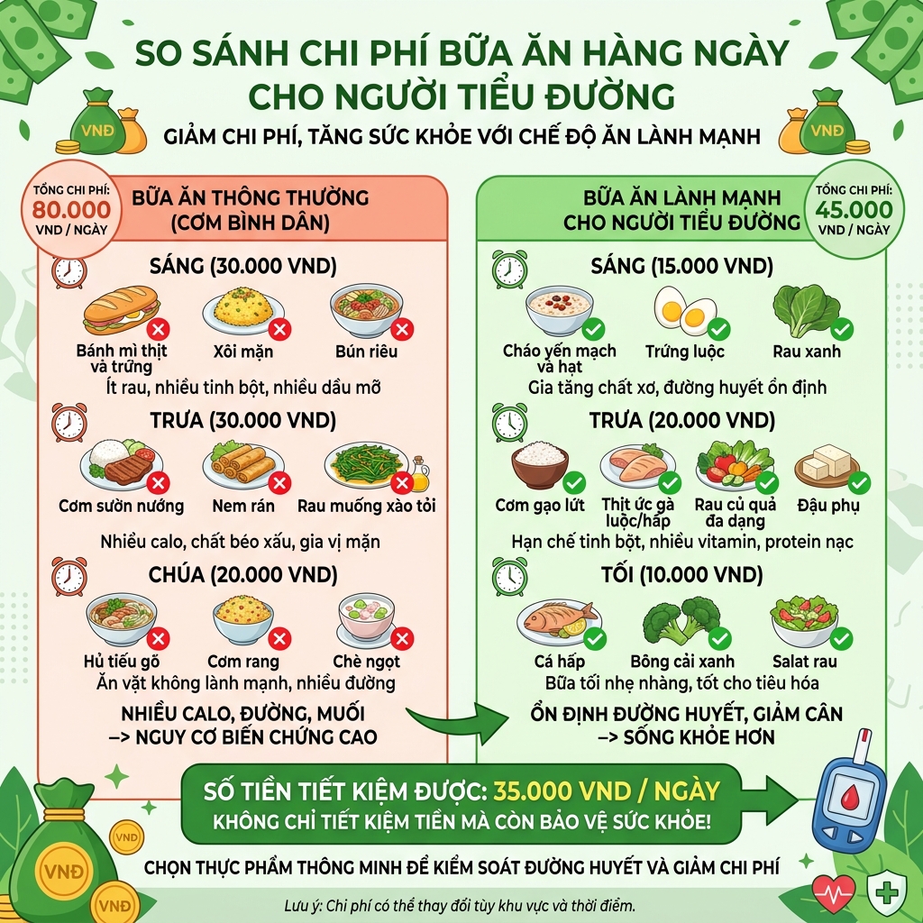 thực đơn tiểu đường dưới 50K so s&aacute;nh chi ph&iacute; bữa ăn l&agrave;nh mạnh vs b&igrave;nh d&acirc;n
