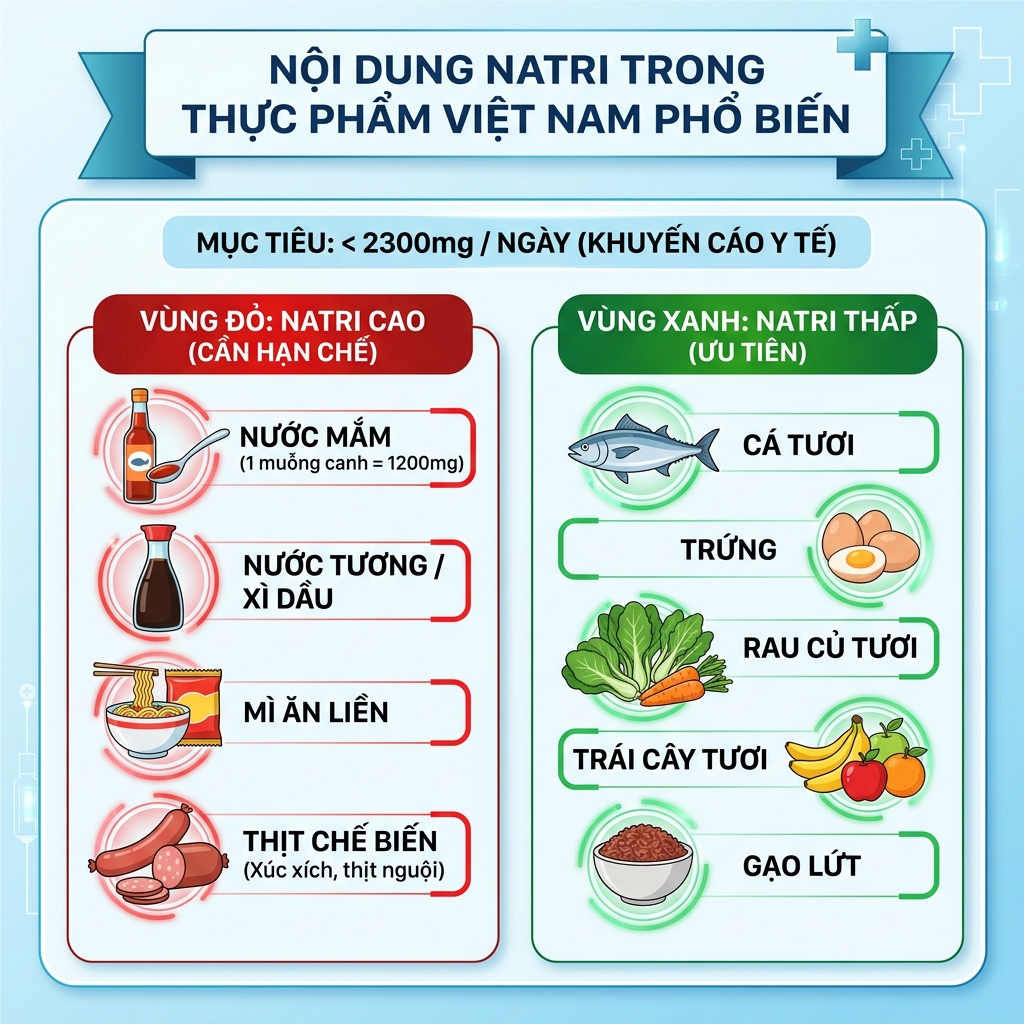 chế độ ăn DASH cho người tiểu đường bảng natri thực phẩm Việt Nam