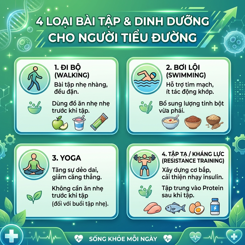 ăn sau tập luyện cho người tiểu đường 4 loại b&agrave;i tập đi bộ bơi yoga tập tạ