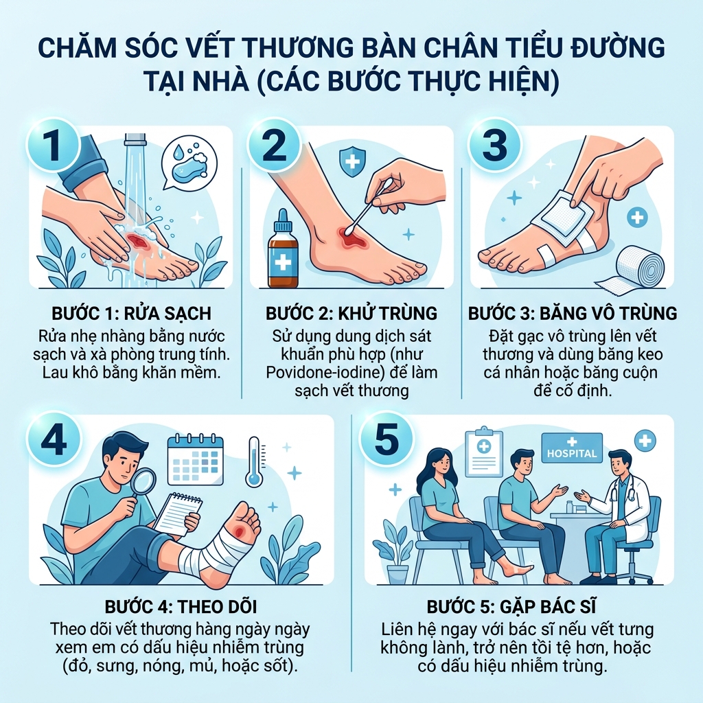 5 bước chăm s&oacute;c vết lo&eacute;t b&agrave;n ch&acirc;n tiểu đường đ&uacute;ng c&aacute;ch tại nh&agrave;