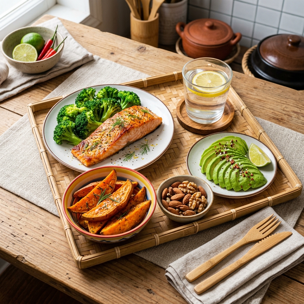 Chế độ ăn lành vết thương tiểu đường giàu cá hồi rau xanh protein