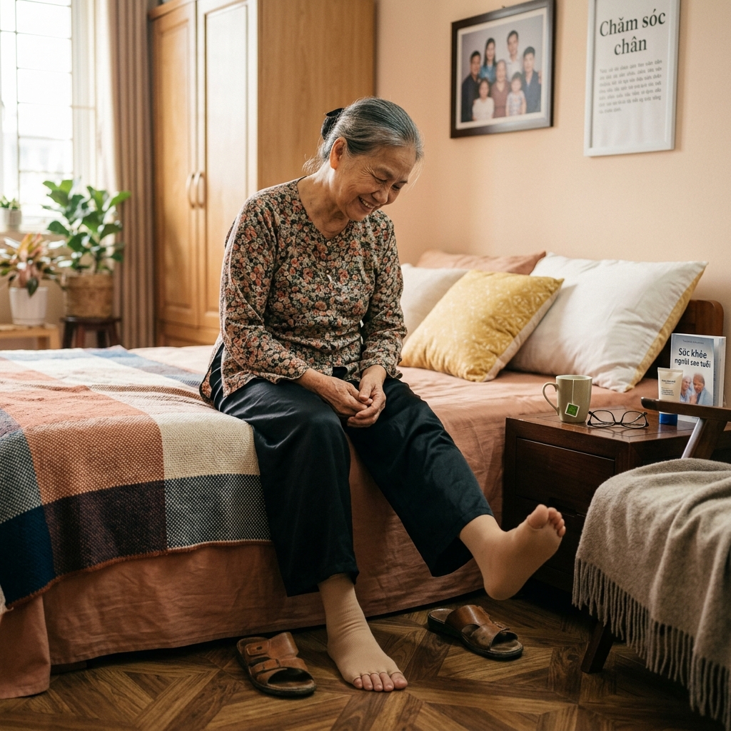 Người lớn tuổi thực hiện bài tập bàn chân tiểu đường ngay trên giường ngủ