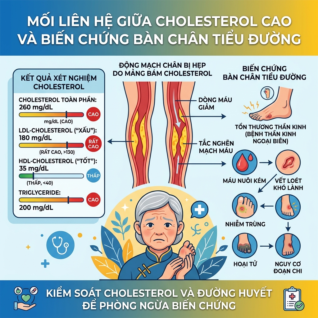 Cholesterol cao tiểu đường mạch m&aacute;u ch&acirc;n xơ vữa tắc nghẽn biến chứng b&agrave;n ch&acirc;n hoại tử