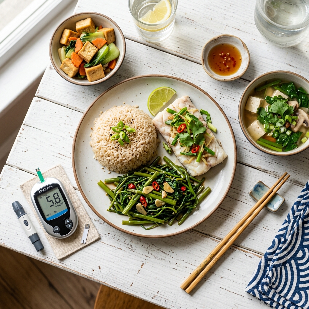 Dinh dưỡng tiểu đường thực đơn Việt cơm gạo lứt c&aacute; hấp rau x&agrave;o m&aacute;y đo đường huyết
