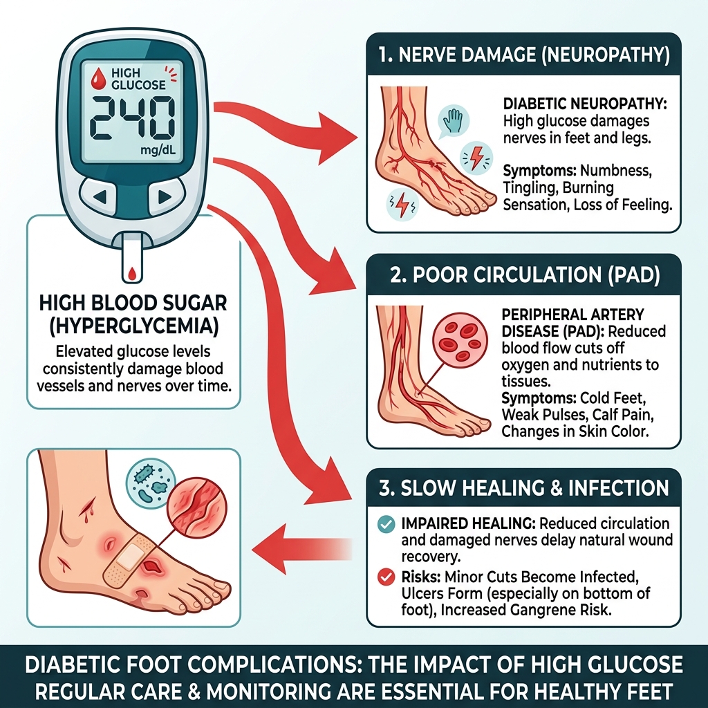 Dấu hiệu b&agrave;n ch&acirc;n tiểu đường infographic biến chứng thần kinh mạch m&aacute;u