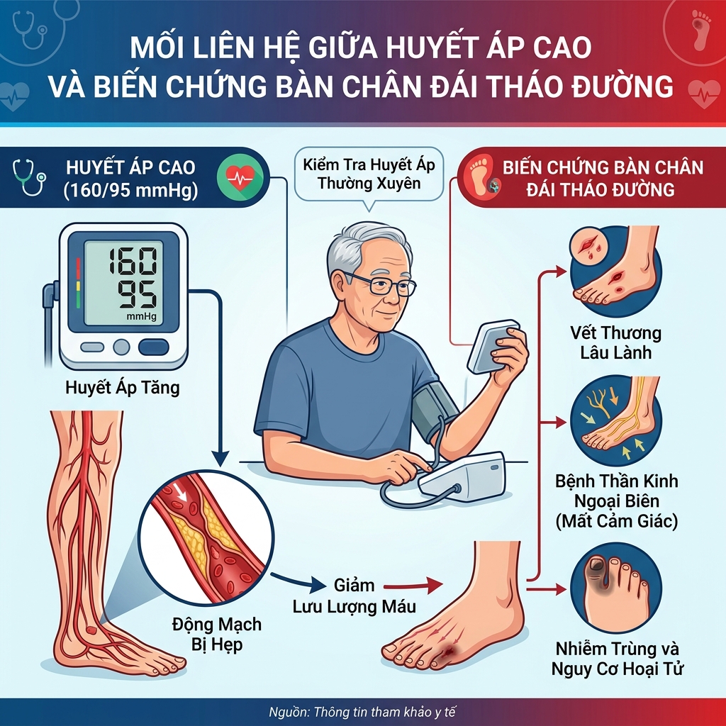 Huyết &aacute;p cao tiểu đường infographic mối li&ecirc;n hệ mạch m&aacute;u b&agrave;n ch&acirc;n biến chứng