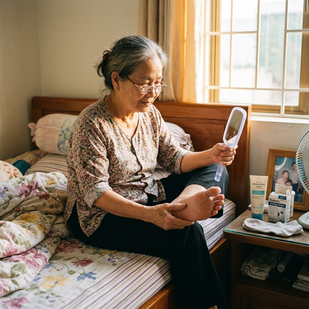 Cách kiểm tra bàn chân tiểu đường hàng ngày bằng gương soi lòng chân