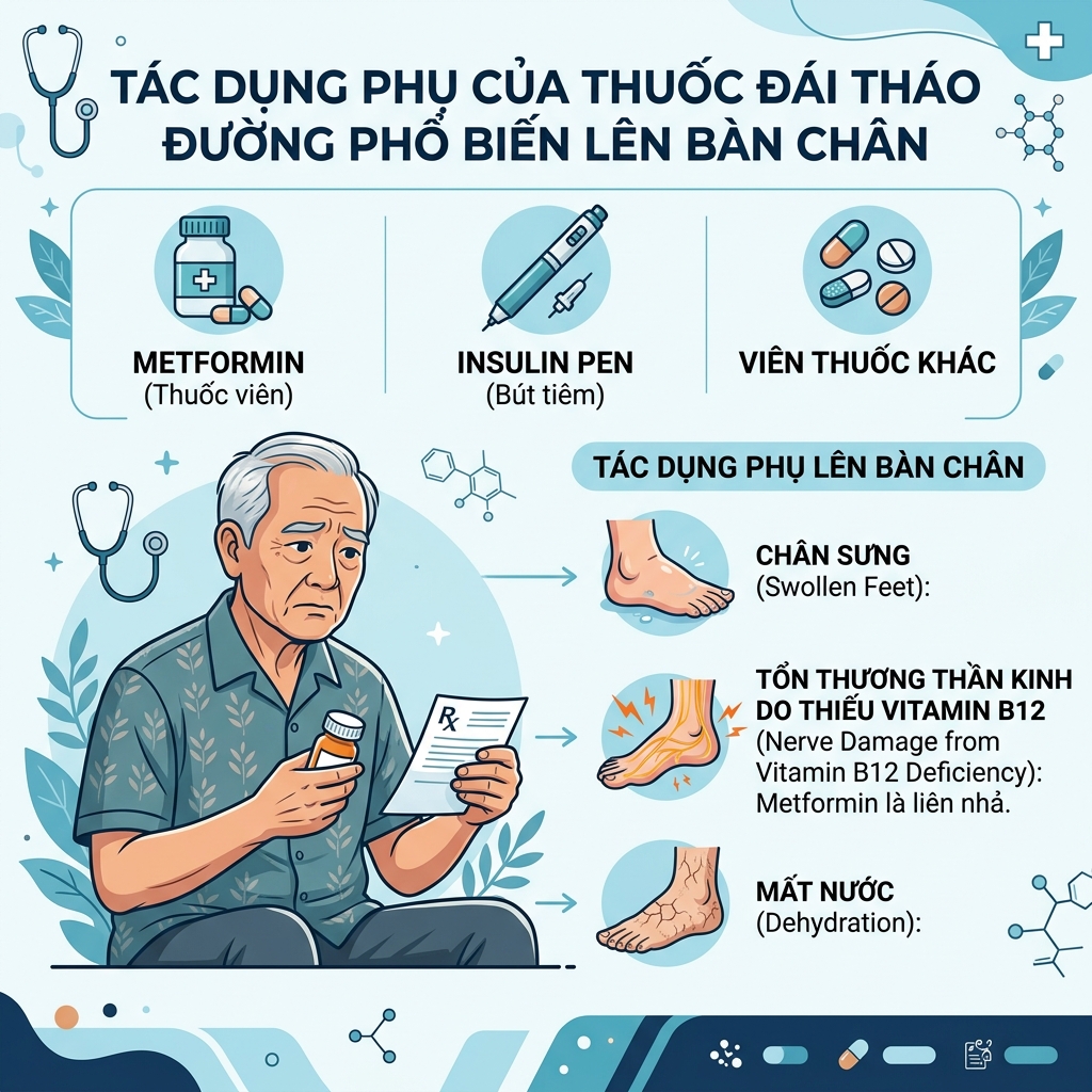 Thuốc tiểu đường Metformin insulin t&aacute;c dụng phụ b&agrave;n ch&acirc;n sưng t&ecirc; b&igrave; B12