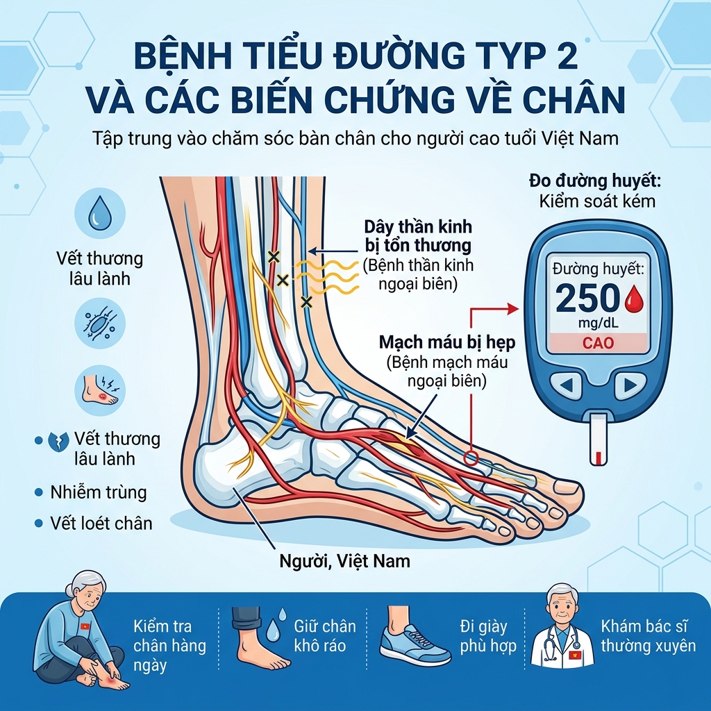 Biến chứng b&agrave;n ch&acirc;n tiểu đường type 2 infographic thần kinh mạch m&aacute;u ngoại bi&ecirc;n
