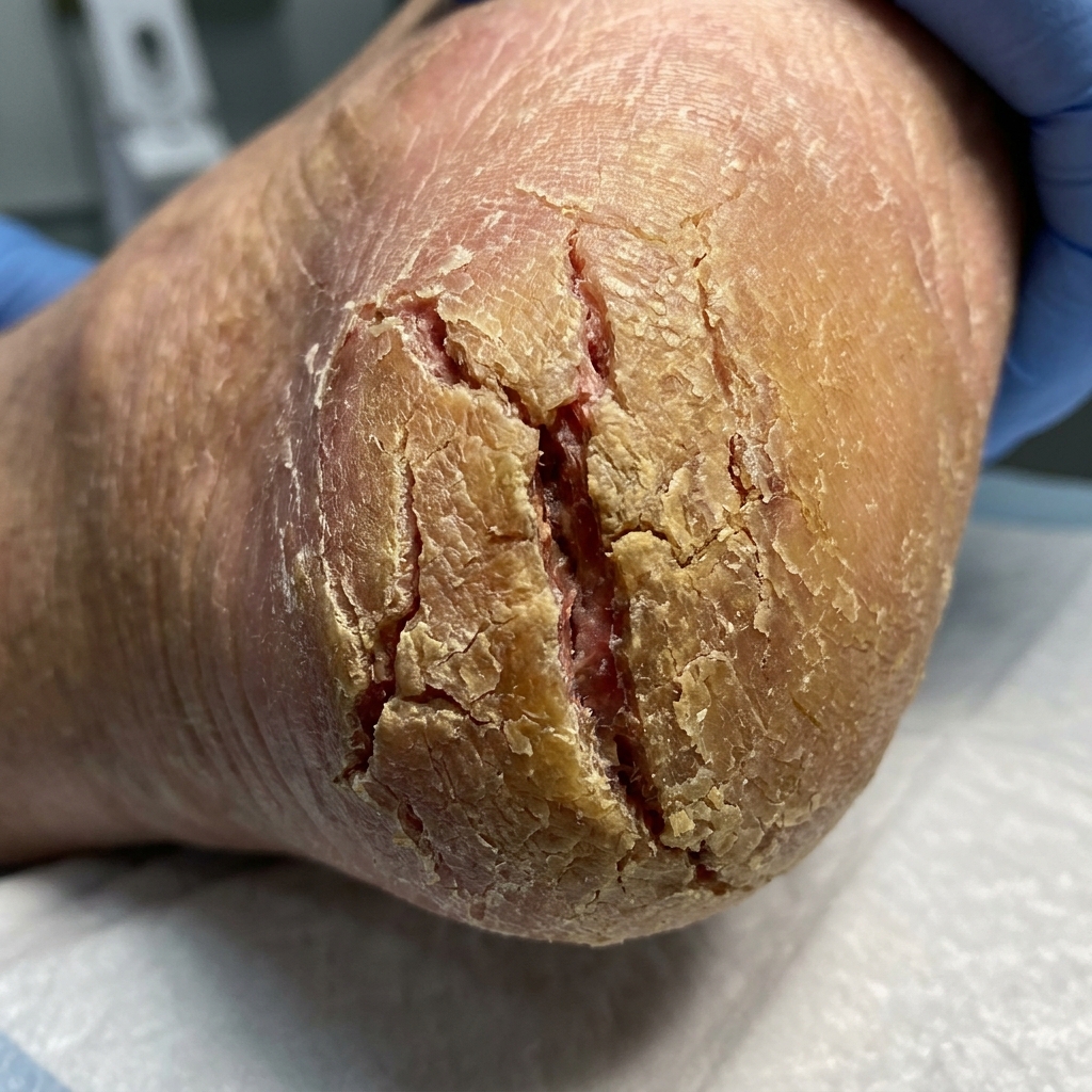 Cận cảnh vết nứt sâu hở thịt ở gót chân khô nứt nẻ tiểu đường