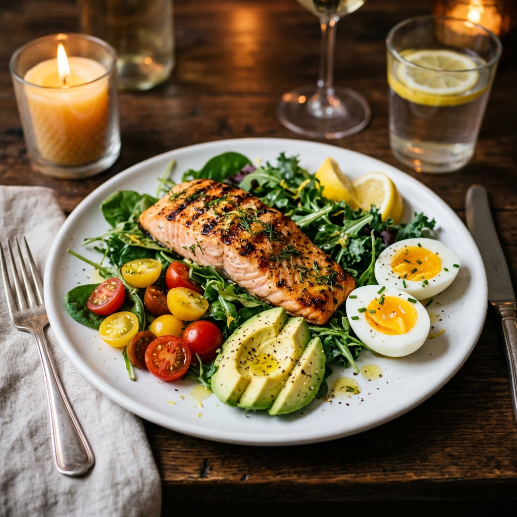 bữa tối cho người tiểu đường salad c&aacute; hồi bơ trứng luộc