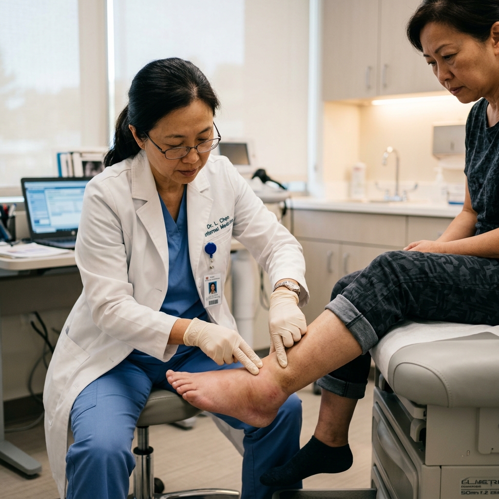 b&aacute;c sĩ thực hiện kỹ thuật kh&aacute;m ph&ugrave; ấn l&otilde;m kiểm tra t&igrave;nh trạng ch&acirc;n bị sưng ph&ugrave; ở người tiểu đường