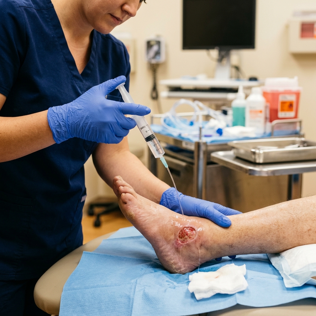 bác sĩ thực hành rửa vết loét chân tiểu đường bằng gì tại phòng khám chuyên khoa