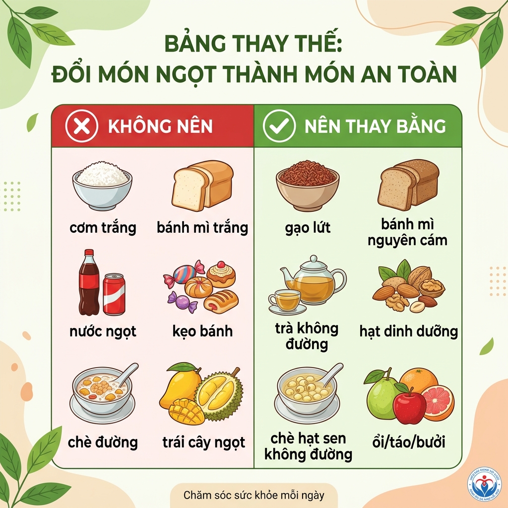 thuyết phục bố mẹ tiểu đường ki&ecirc;ng đường bảng thay thế thực phẩm