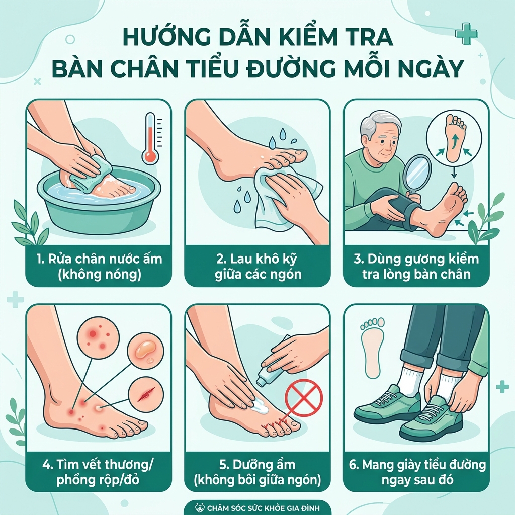 checklist chăm s&oacute;c bố mẹ tiểu đường kiểm tra b&agrave;n ch&acirc;n 6 bước
