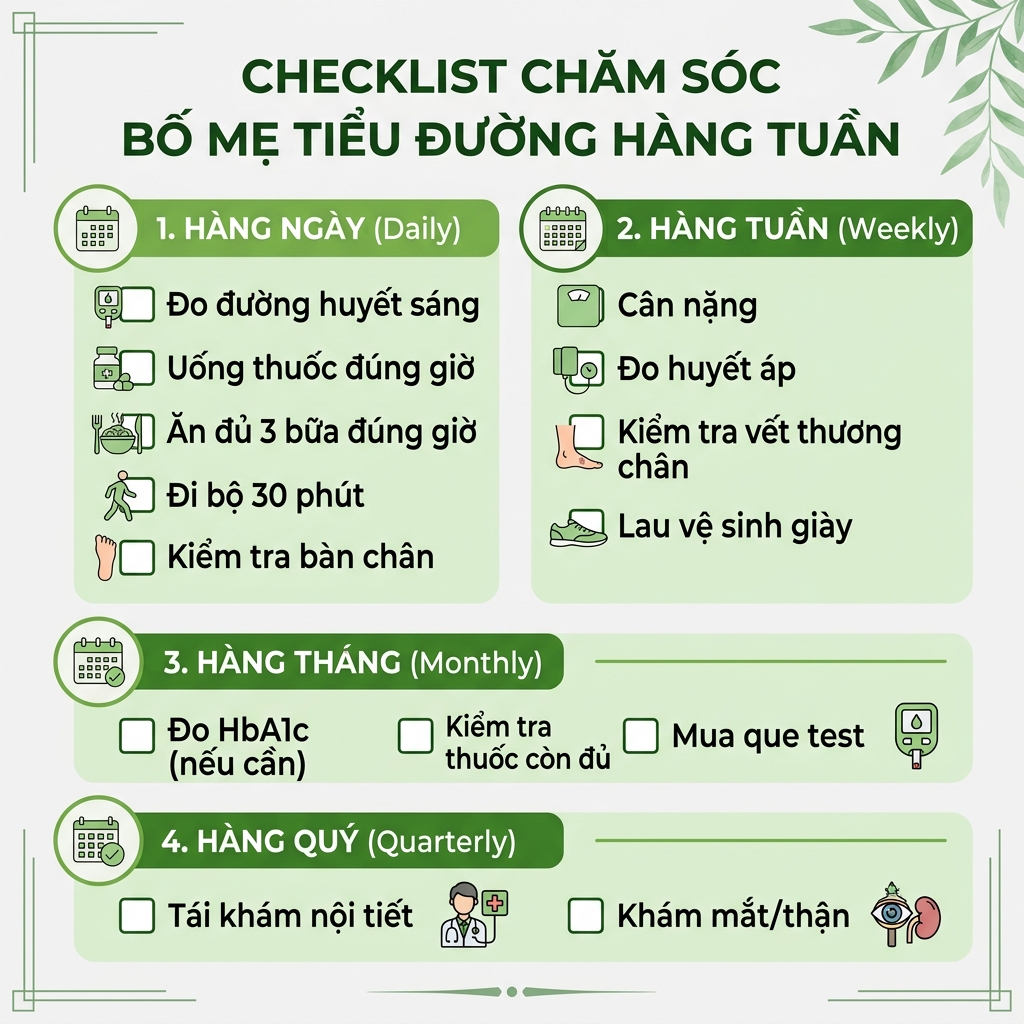checklist chăm s&oacute;c bố mẹ tiểu đường h&agrave;ng ng&agrave;y h&agrave;ng tuần h&agrave;ng th&aacute;ng