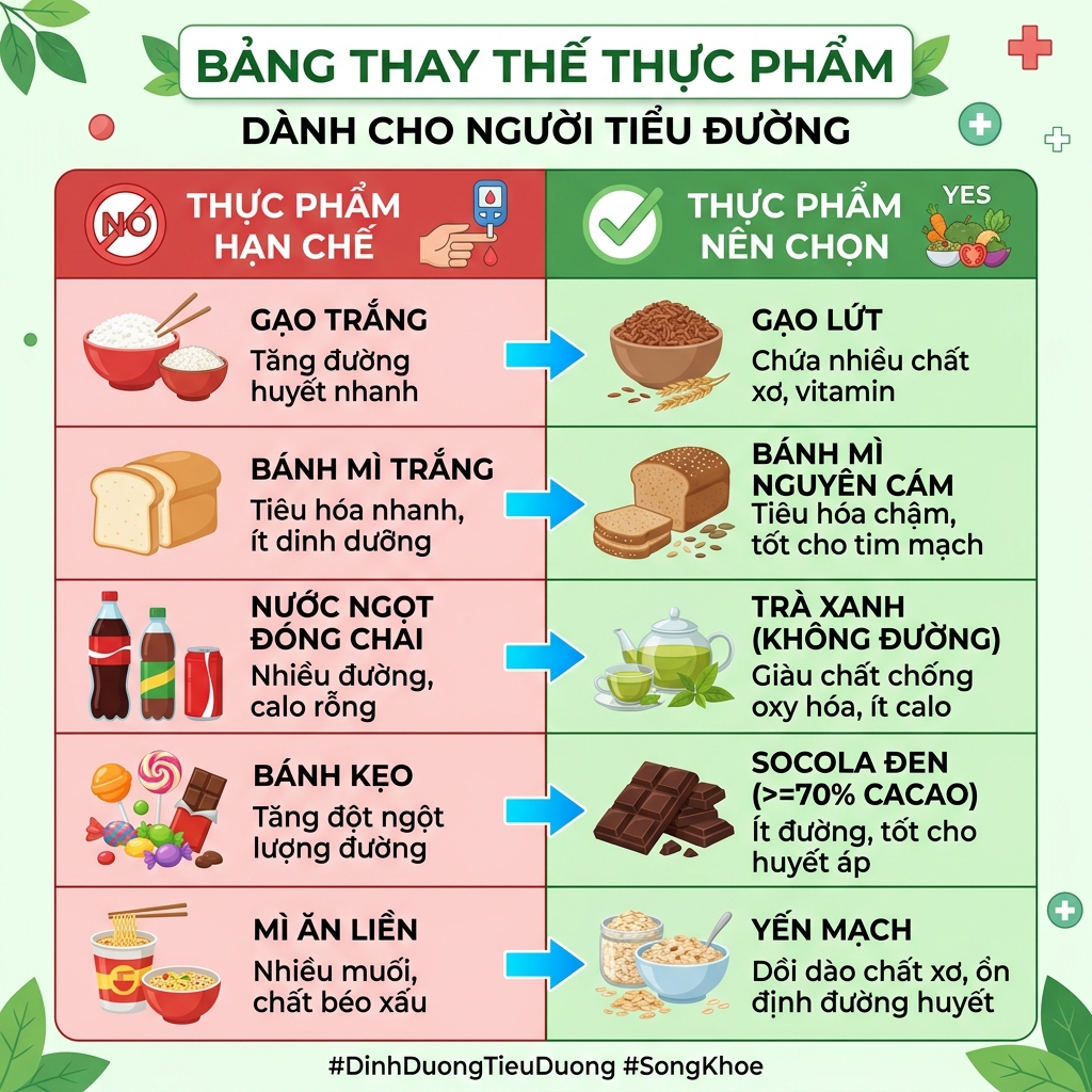 tiểu đường ki&ecirc;ng ăn g&igrave; bảng thay thế thực phẩm n&ecirc;n chọn