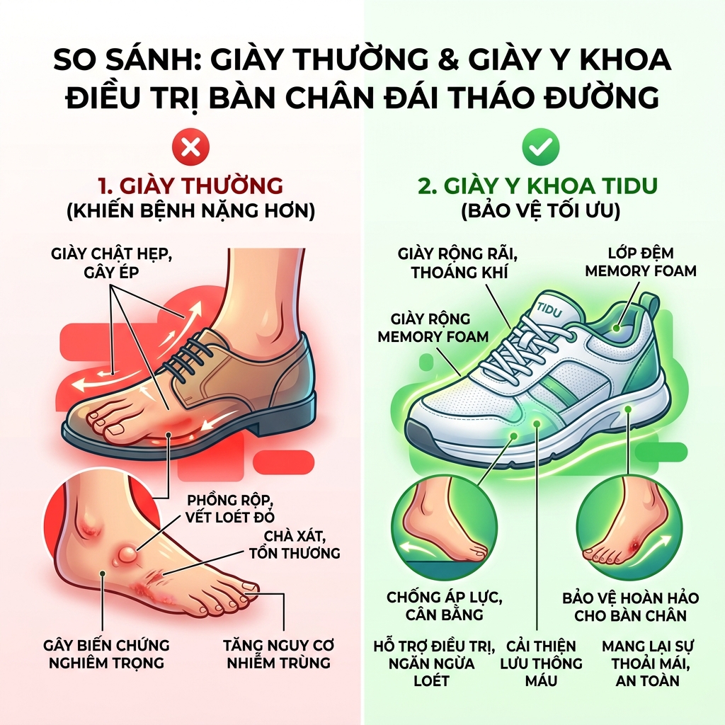 So s&aacute;nh gi&agrave;y thường g&acirc;y lo&eacute;t v&agrave; gi&agrave;y y khoa TIDU bảo vệ b&agrave;n ch&acirc;n tiểu đường