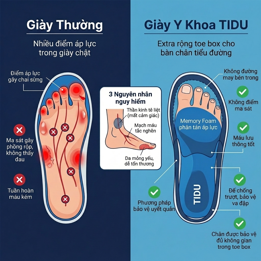 So sánh giày thường vs giày y khoa TIDU cho người tiểu đường