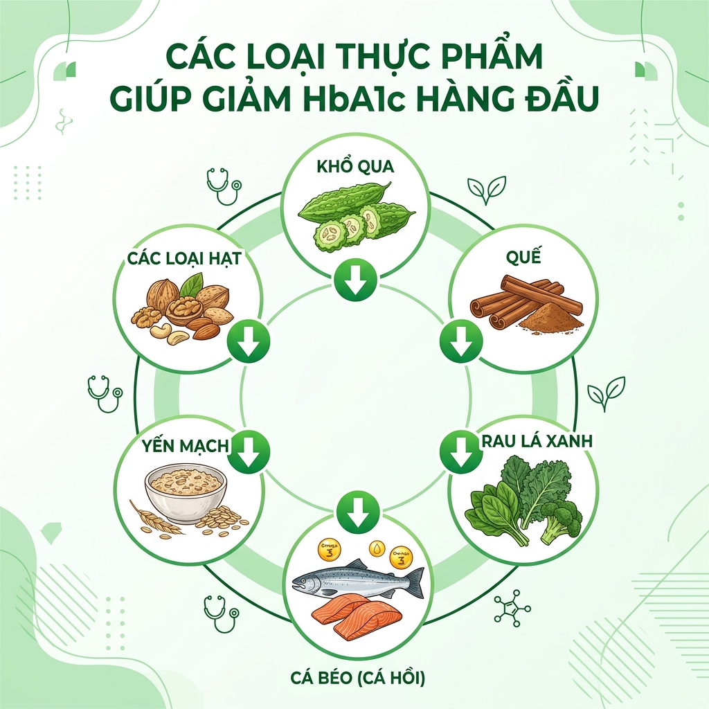 ăn g&igrave; giảm HbA1c 8 thực phẩm h&agrave;ng đầu khổ qua quế yến mạch c&aacute; hồi rau xanh hạt