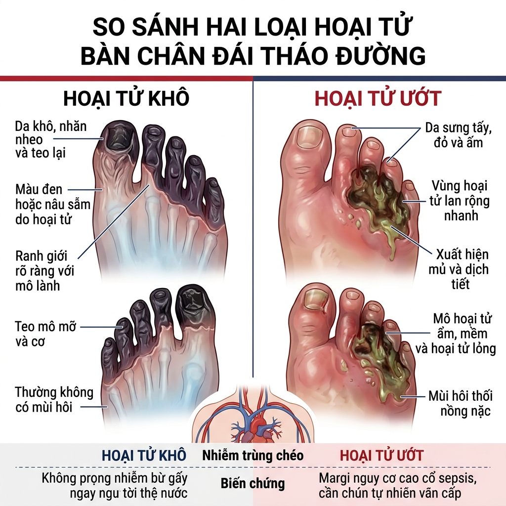 So sánh hai loại hoại tử bàn chân tiểu đường: hoại tử khô và hoại tử ướt