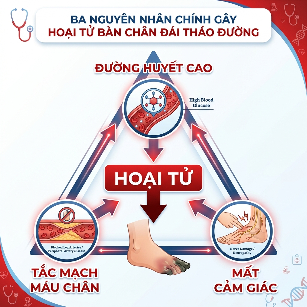 Tam giác ba nguyên nhân chính gây hoại tử chân tiểu đường: đường huyết cao, tắc mạch máu và mất cảm giác