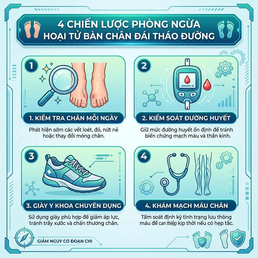 4 chiến lược phòng ngừa hoại tử bàn chân tiểu đường: kiểm tra chân, kiểm soát đường huyết, giày y khoa, khám mạch máu