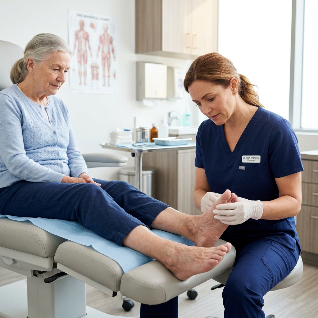 Bác sĩ chuyên khoa thăm khám và đánh giá biến chứng bàn chân cho bệnh nhân tiểu đường