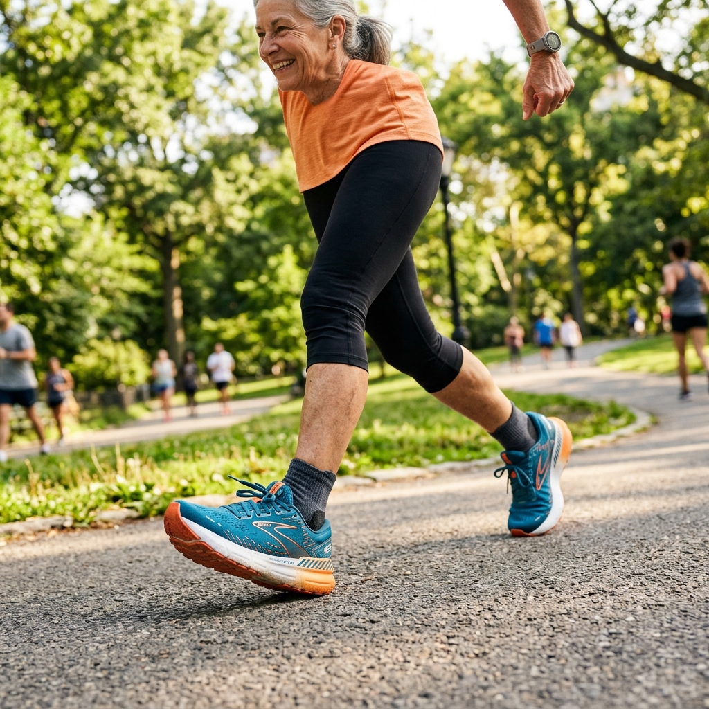 Người lớn tuổi đi bộ nhanh trong công viên với giày thể thao thoáng khí