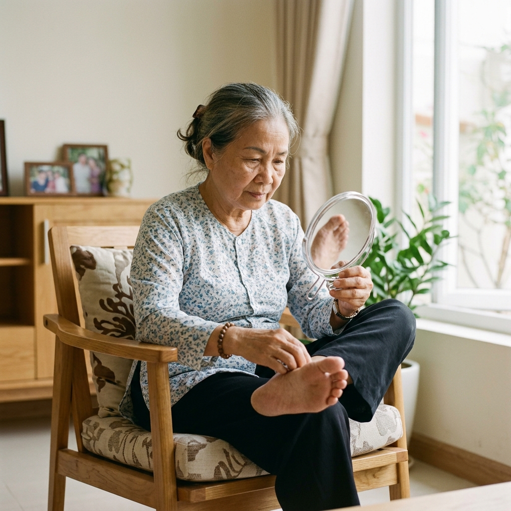 Người bệnh tự kiểm tra bàn chân bằng gương mỗi ngày để phát hiện sớm biến chứng