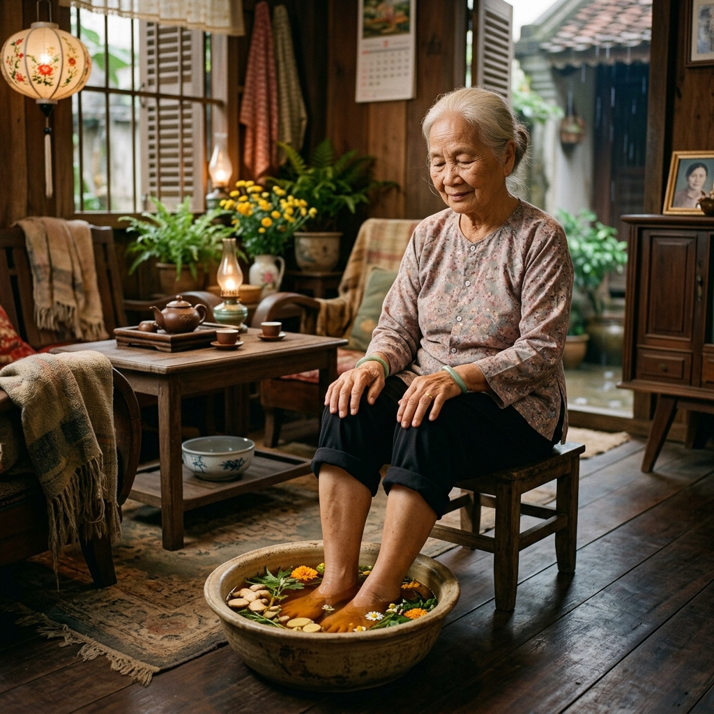 Ngâm chân trong nước ấm thảo dược trước khi cắt móng