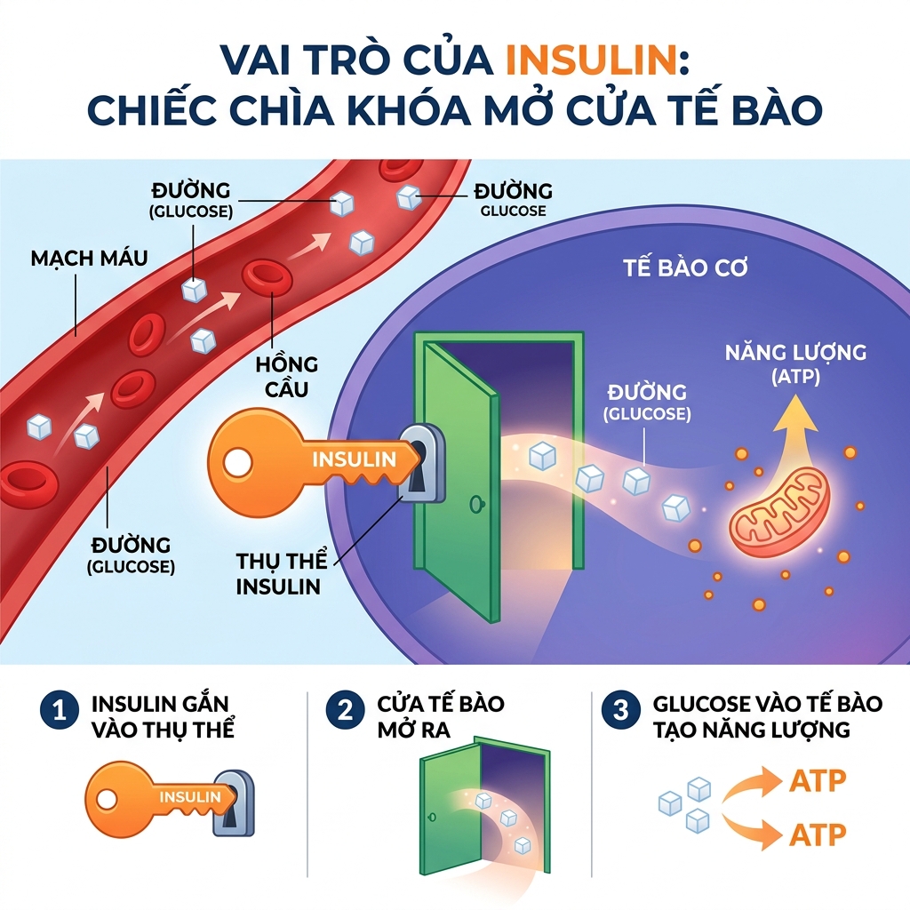 Cơ chế hoạt động của insulin tiểu đường như một chiếc ch&igrave;a kh&oacute;a mở cửa tế b&agrave;o
