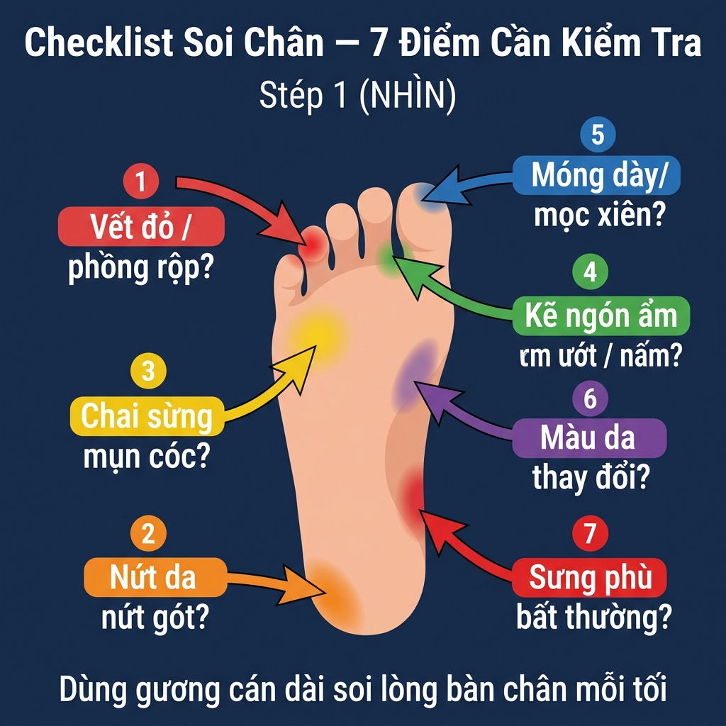 Checklist Soi Ch&acirc;n &mdash; 7 Điểm Cần Kiểm Tra khi tự kh&aacute;m b&agrave;n ch&acirc;n tiểu đường