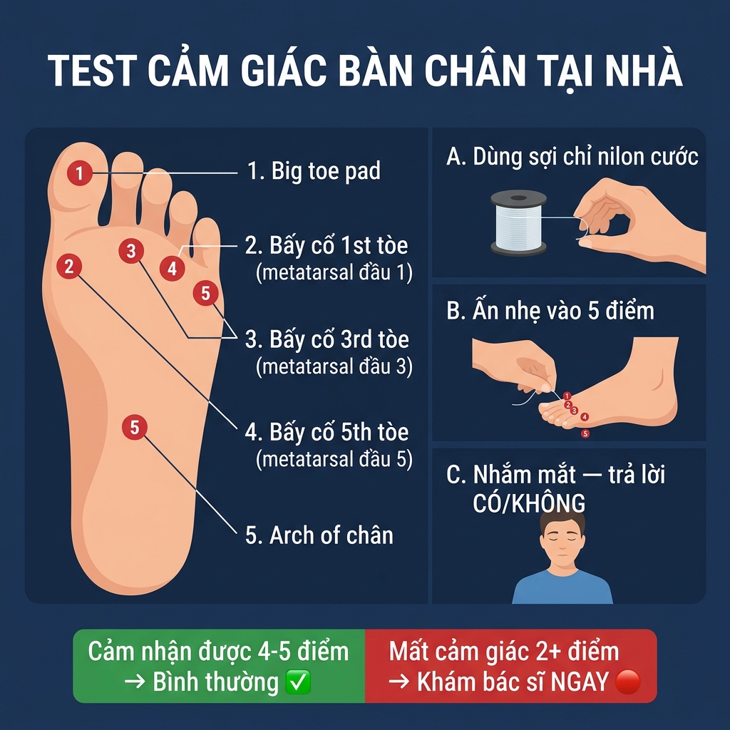 Test cảm gi&aacute;c b&agrave;n ch&acirc;n tiểu đường tại nh&agrave; bằng sợi nilon cước