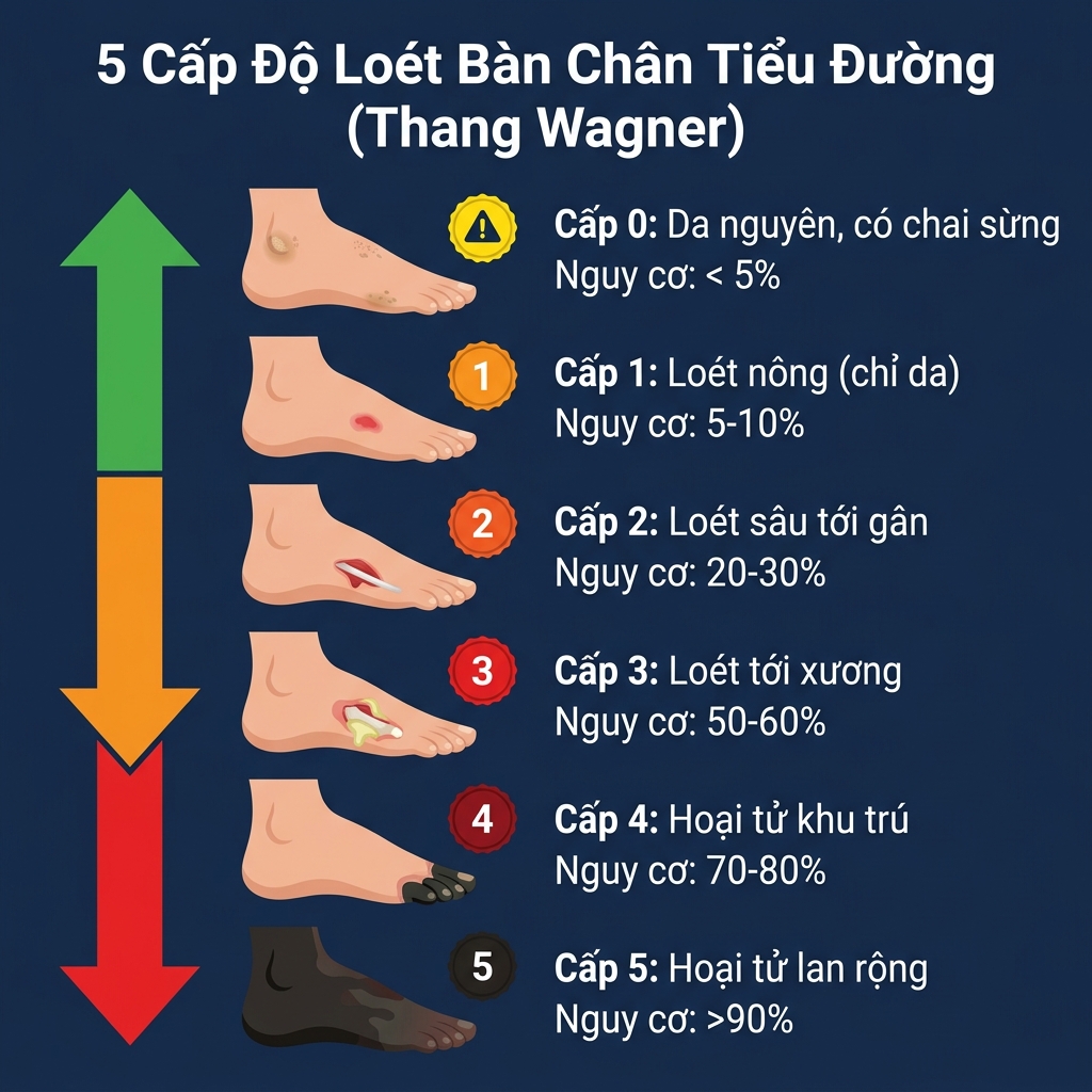Infographic 5 cấp độ loét bàn chân tiểu đường theo thang Wagner