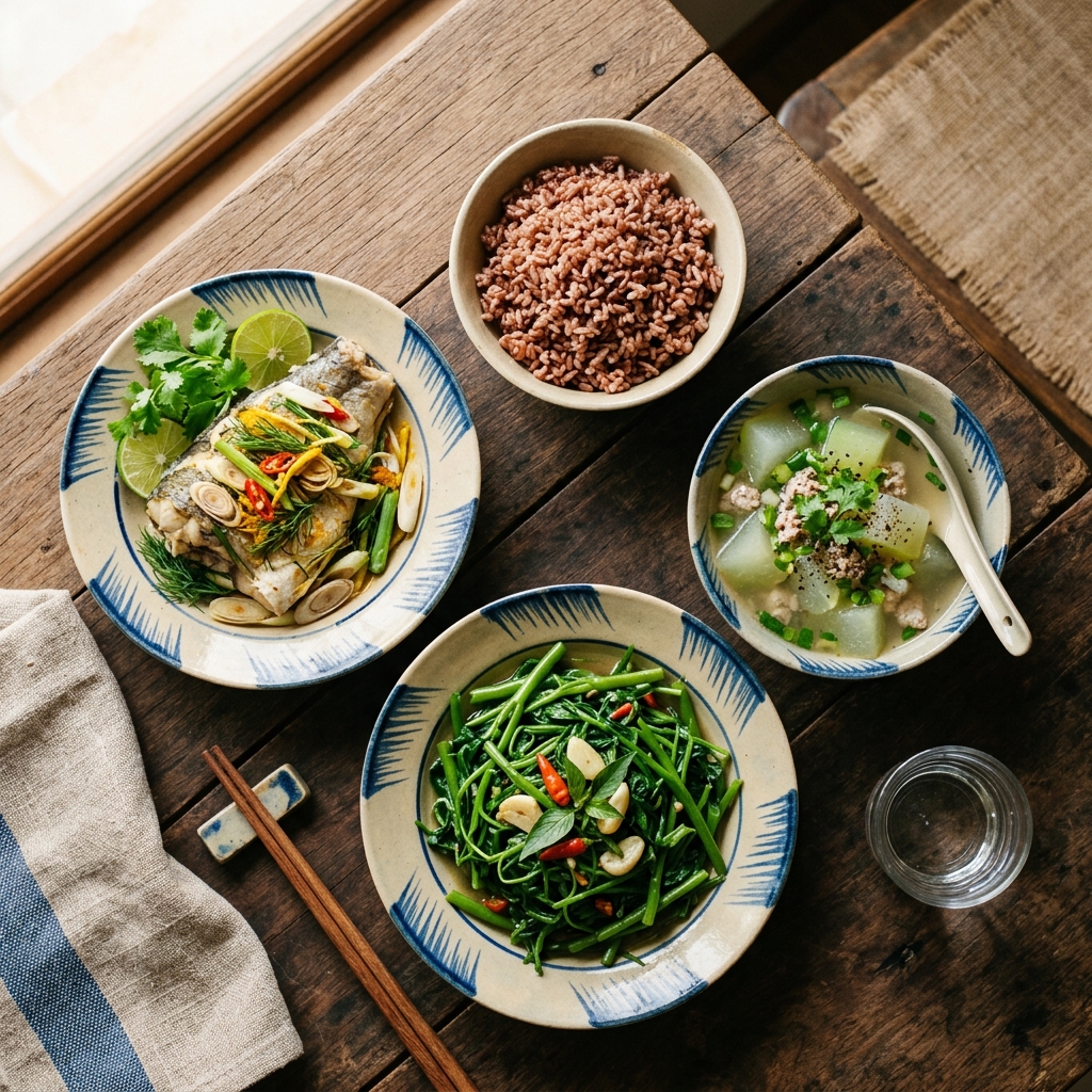 tiểu đường thai kỳ ăn g&igrave; bữa trưa cơm gạo lứt c&aacute; hấp rau xanh