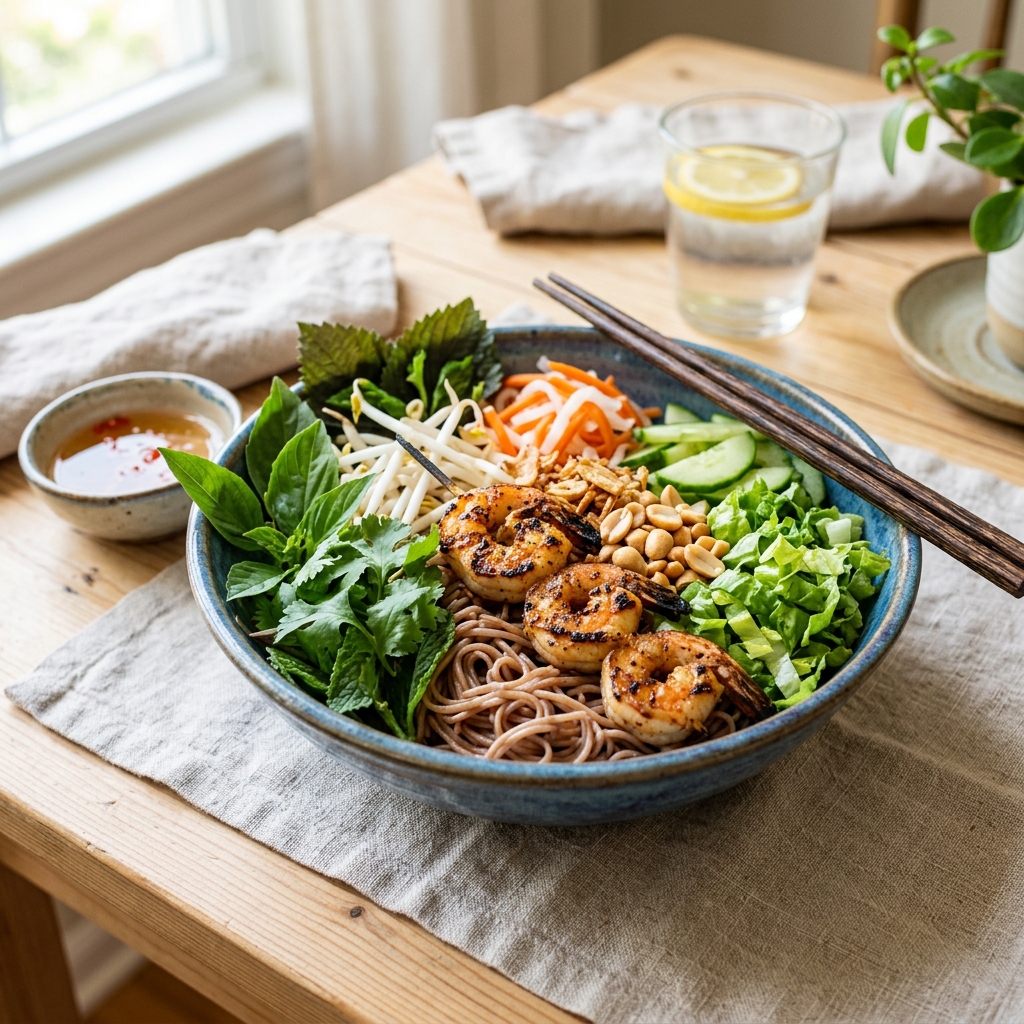 bữa trưa cho người tiểu đường b&uacute;n t&ocirc;m nướng rau sống
